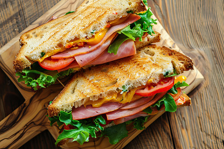 Toast sandwich with cheese, turkey ham, tomato and fresh lettuce on wooden back, a Food & Drink Photo by AlyaAnd
