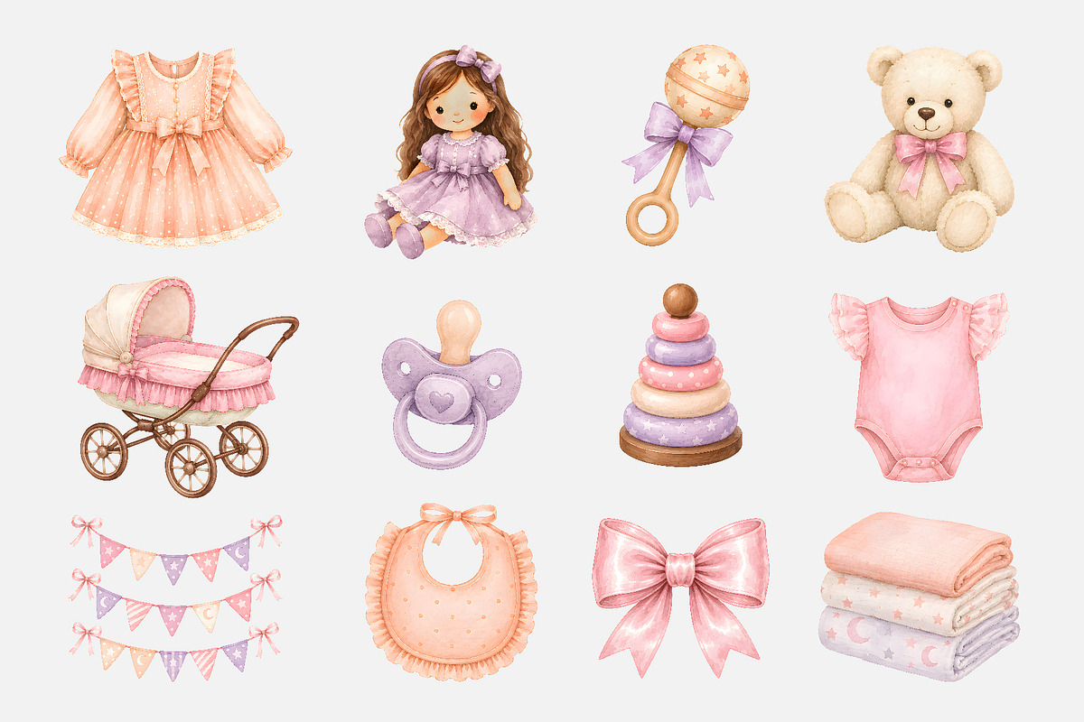 Watercolor Baby Girl Clipart (52), a Decorative Illustration by Iryna Denysova (Photo 2 of 7)