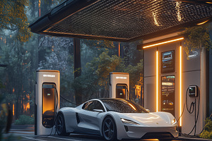 A sleek white electric car charging at a modern charging station in a futuristi, a Technology Photo by Textures & Backgrounds