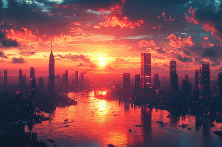 Sunset over a vibrant New York City, a Photo by Tanuart