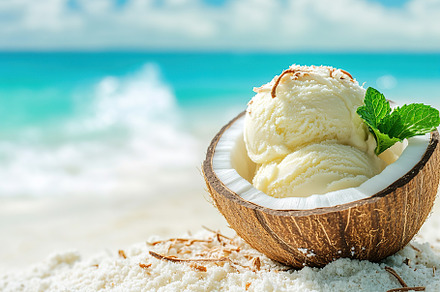 Enjoying coconut ice served in a shell by the serene beach on a sunny day, a Food & Drink Photo by AlyaAnd