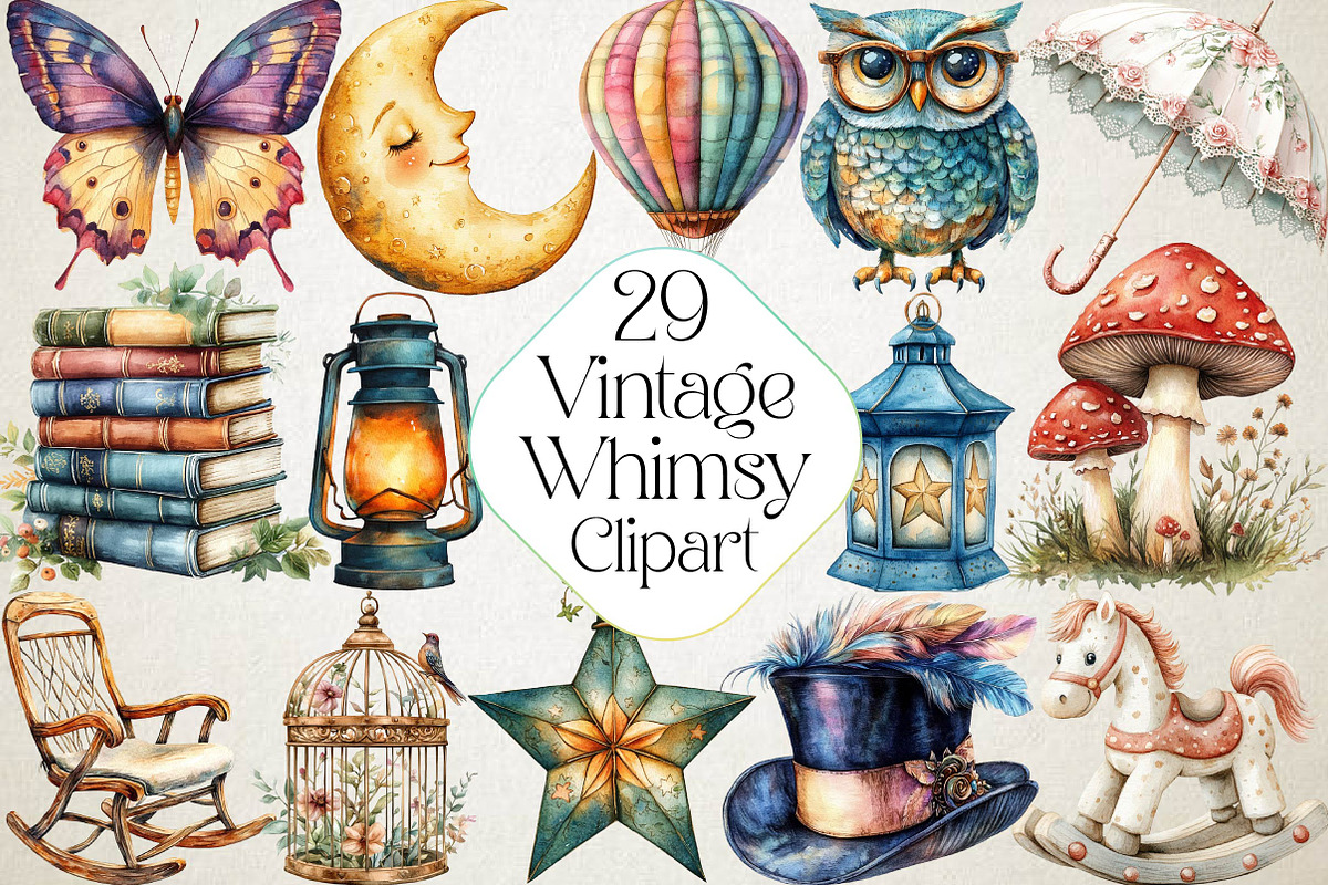 Watercolor Vintage Whimsy Clipart Bu, an Illustration by DreamPrint404 (Photo 1 of 6)