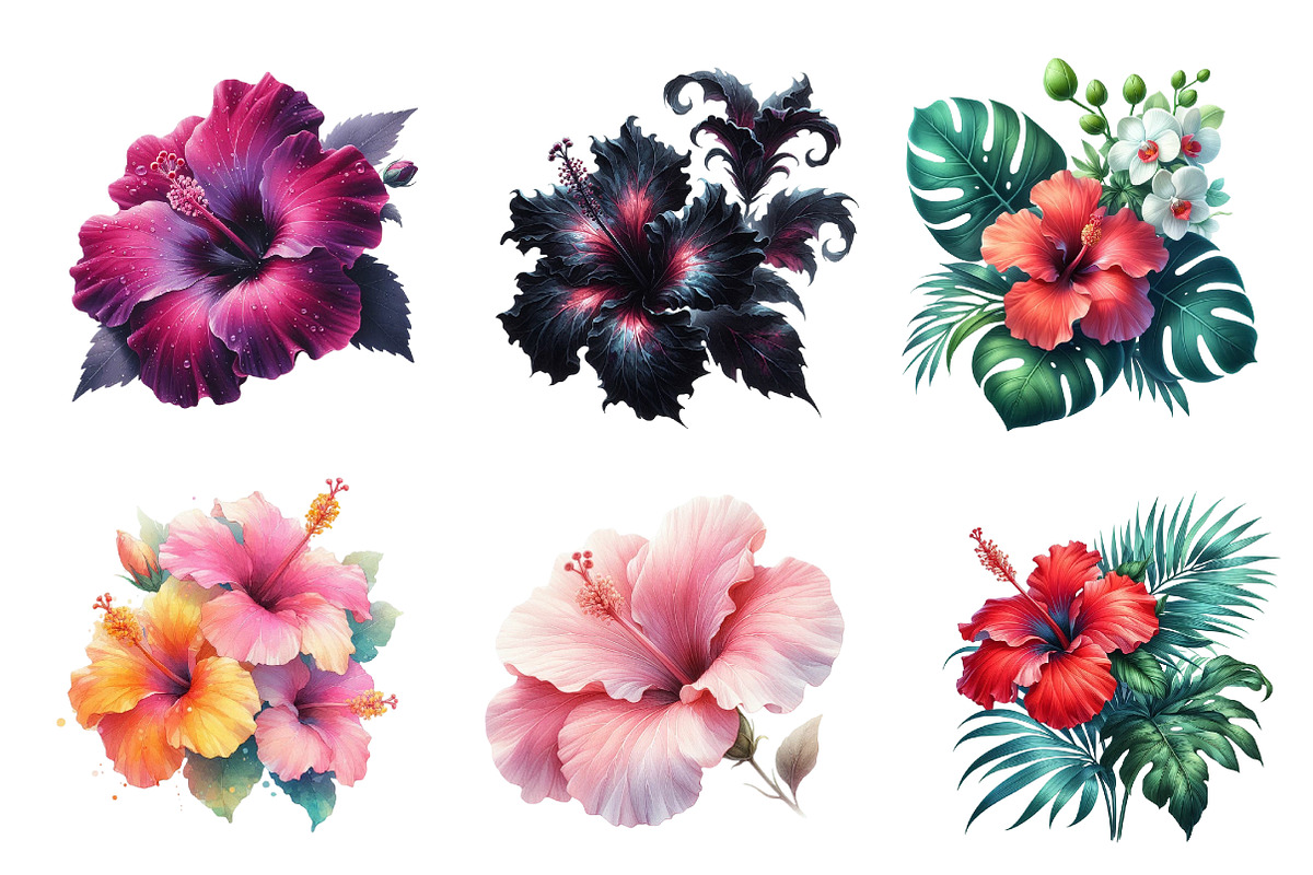 Watercolor Hibiscus Flowers Clipart, an Illustration by CreationArt (Photo 2 of 5)