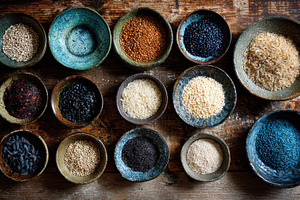 Ceramic dishes filled with grains, a Photo by Pavel_design