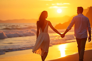 Romantic couple walking hand in hand, a Photo by LOGOCREATIVE