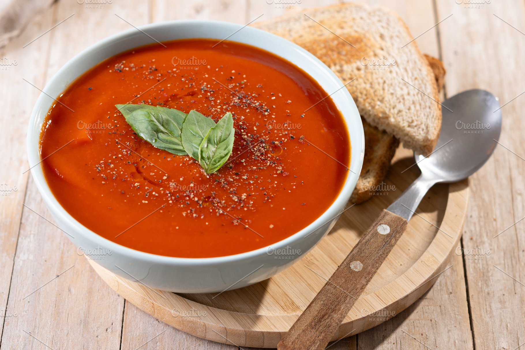 Homemade Tomato Soup in bowl with Basil, a Food & Drink Photo by etorres69