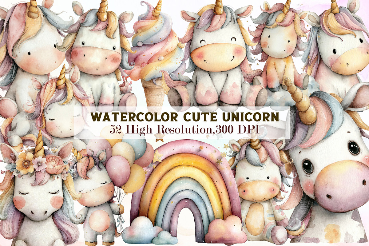 Watercolor Cute Unicorn Clipart, an Illustration by Sublimation Artist (Photo 1 of 7)