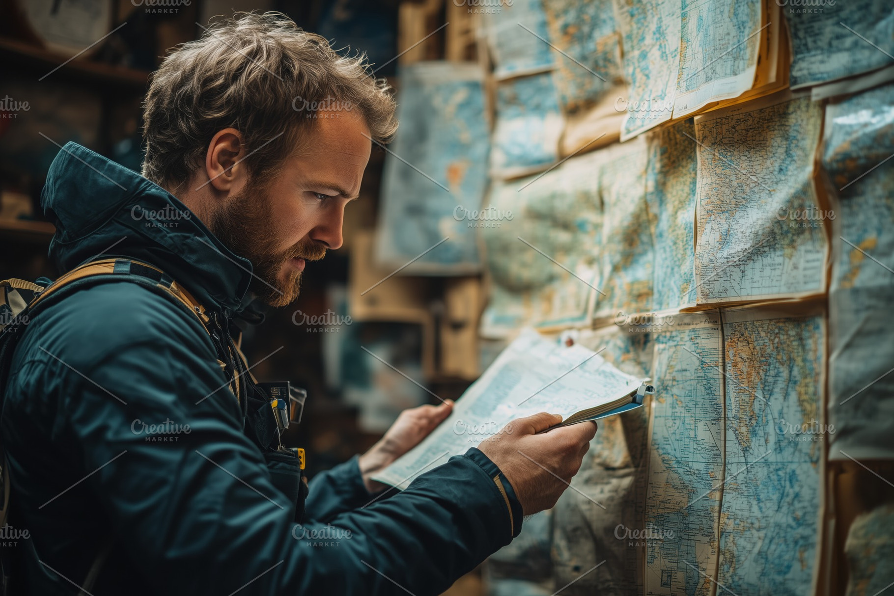 A man GIS (geographical information service) specialist with a beard is examini, a Person Photo by Textures & Backgrounds