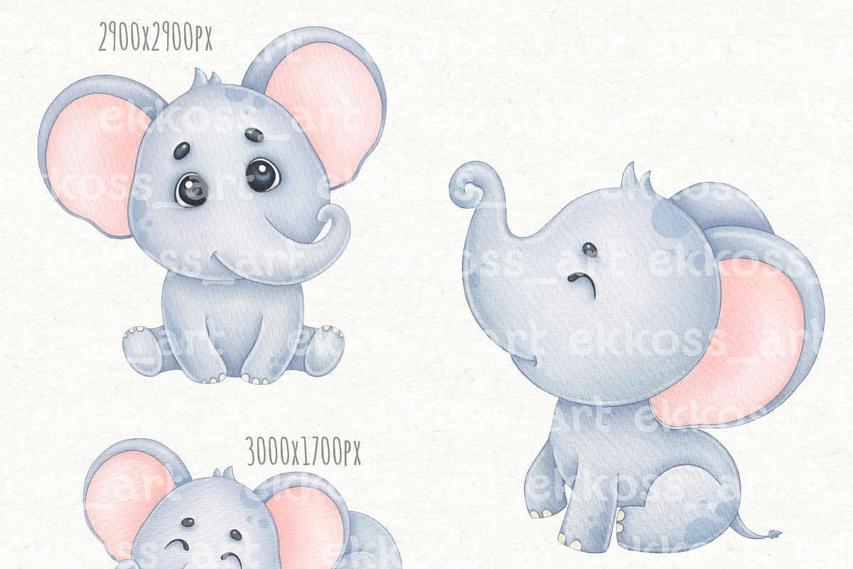 Watercolor Baby Elephant Clipart, a Decorative Illustration by ekossa_art (Photo 2 of 8)
