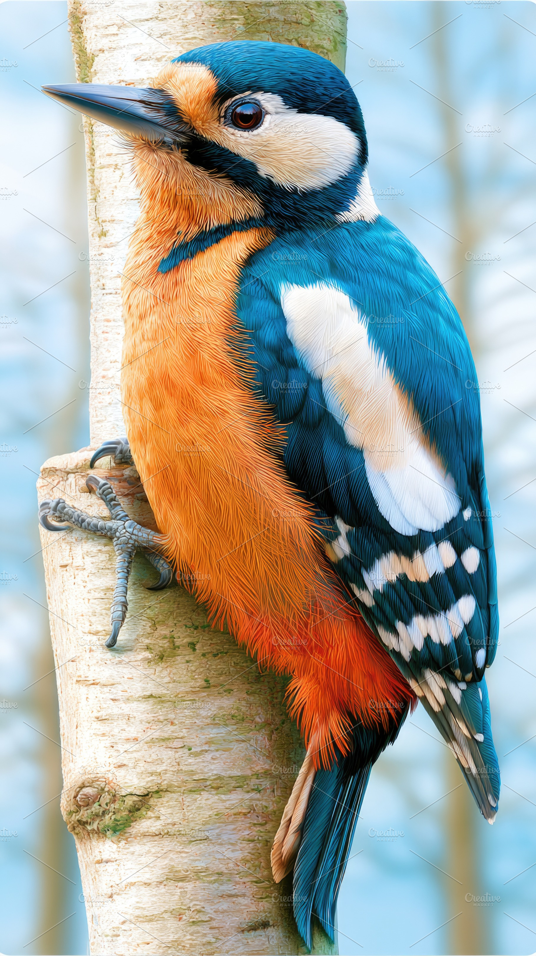 Great spotted woodpecker perched vertically on tree trunk, an Animal Photo by José Manuel Gelpi