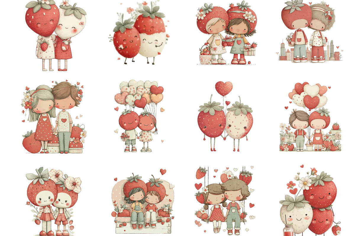Whimsical Strawberry Couple Clipart, an Illustration by Designking (Photo 2 of 5)
