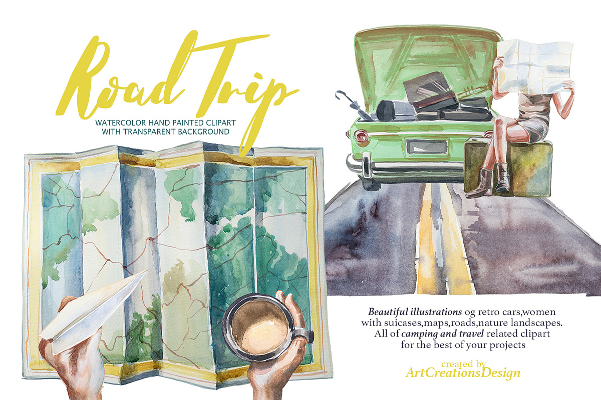 Watercolor Road Trip Clipart Set, a Person Illustration by ArtCreationsDesign (Photo 1 of 19)