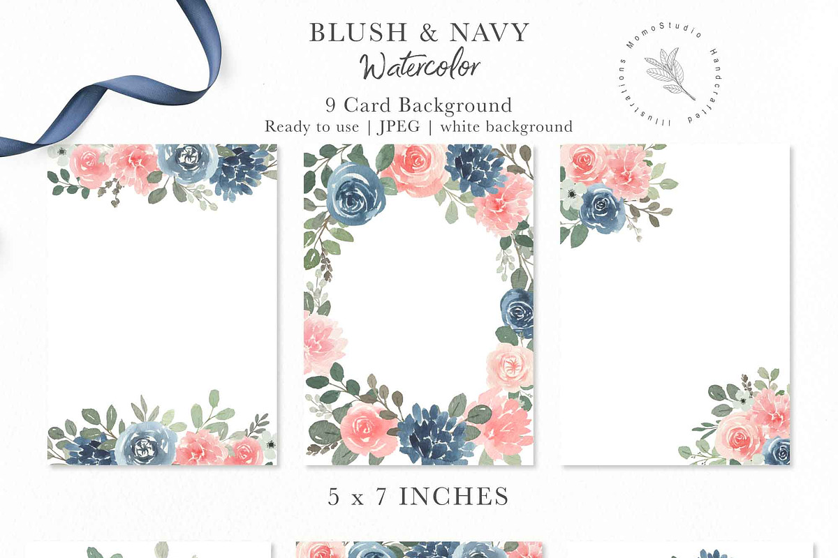 Blush and Navy Watercolor Florals, a Work Illustration by Momo Studio (Photo 4 of 12)