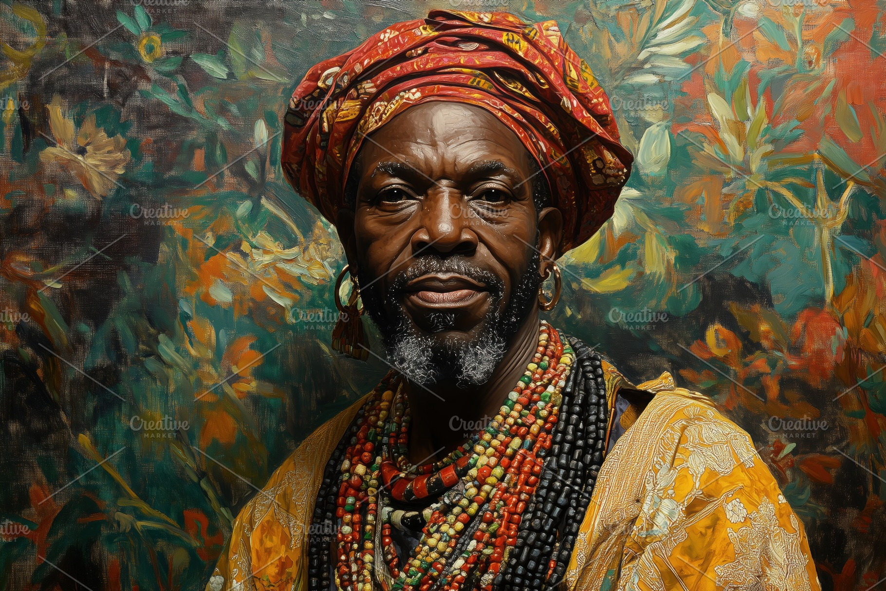 A dignified portrait of an elderly african man wearing a colorful turban and tr, a Person Photo by Textures & Backgrounds