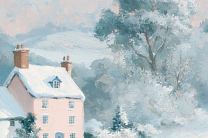 Fine art painting depicting a pastel pink cottage in a peaceful,, a Photo by Studio ANNA