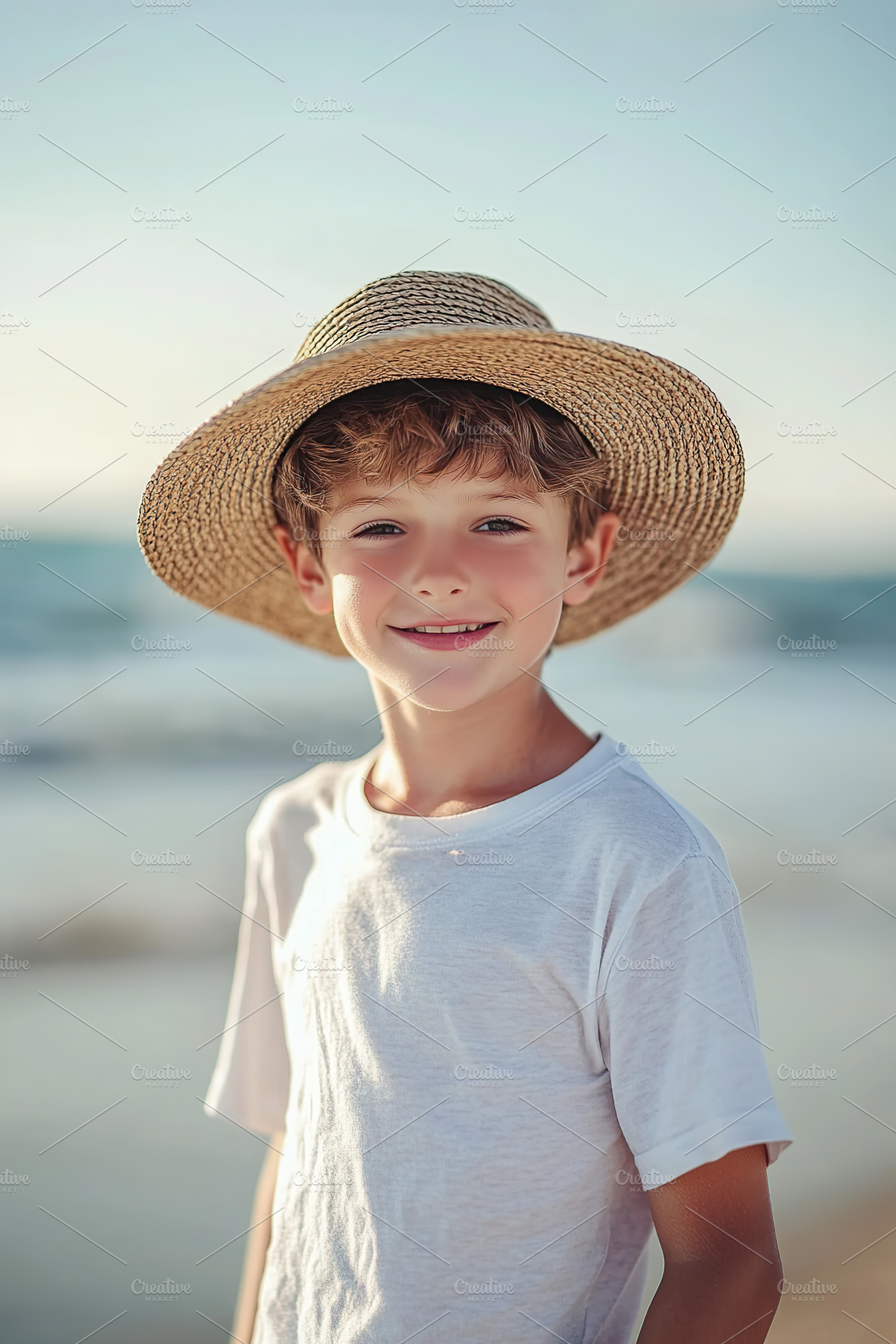 Young boy enjoys a sunny day at the beach with a straw hat and b, a Person Photo by AlyaAnd