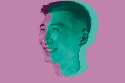 Close-up young Asian man's face, head with colored silhouette, shadow isolated, a Person Photo by Volodymyr Melnyk