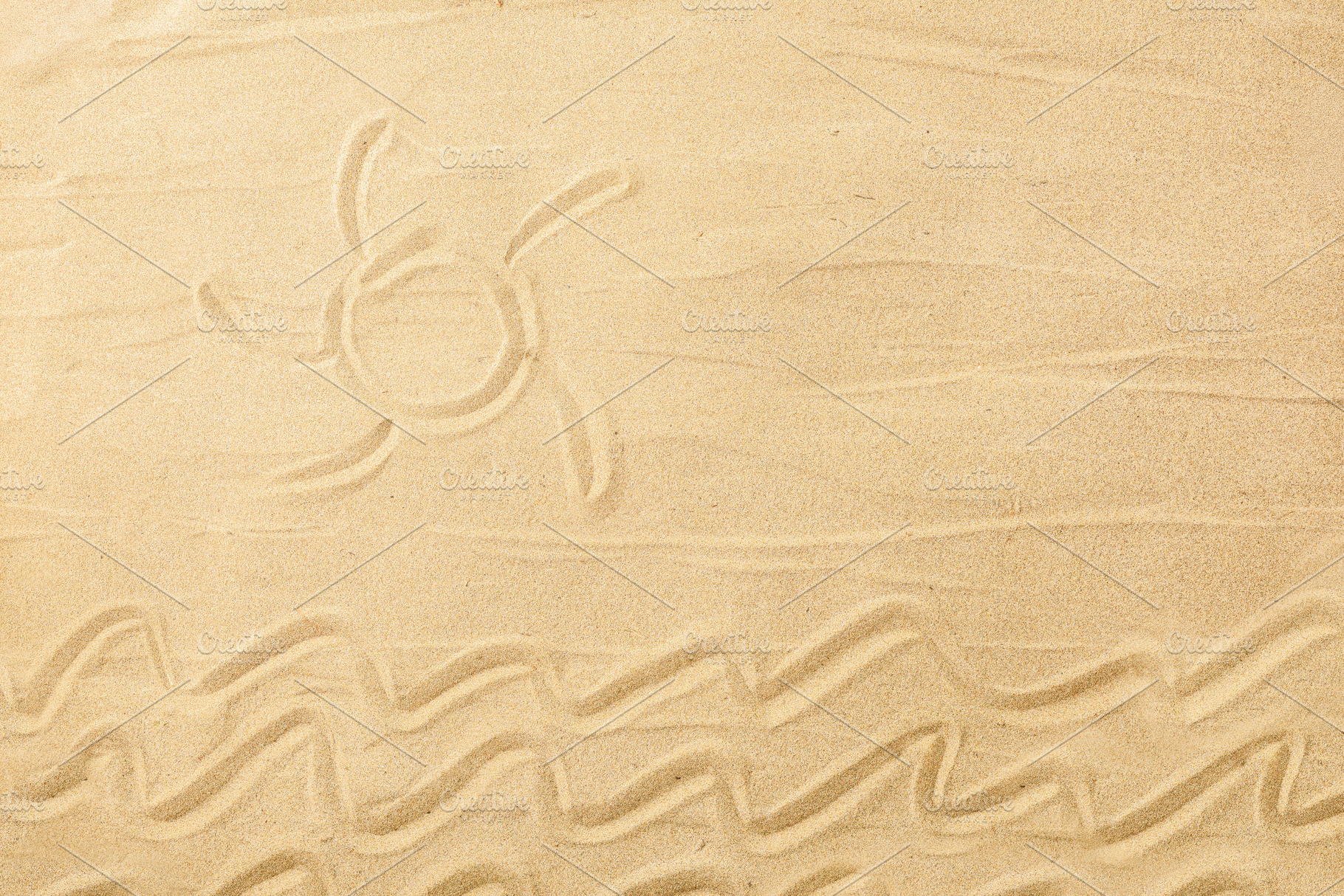 Sun and Waves Drawn on Beach Sand, a Holiday Photo by Davizro's Market