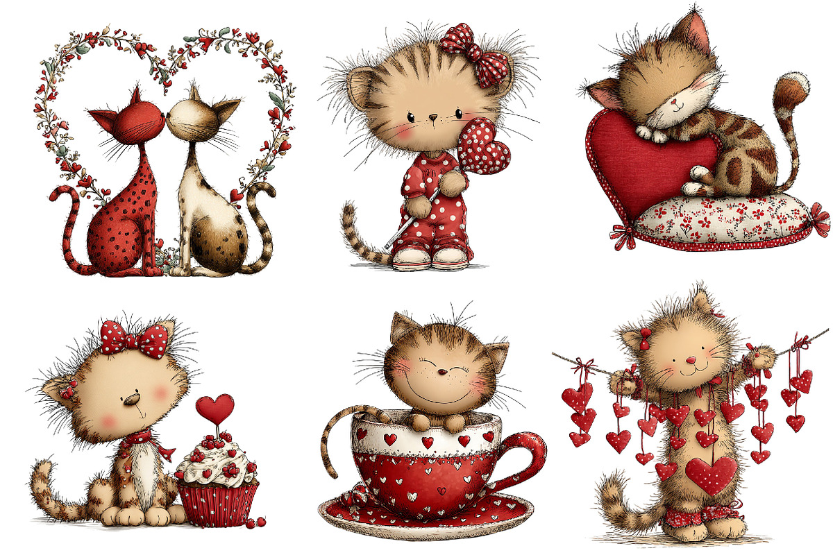 Quirky Valentines Cats Clipart, an Illustration by Dream Creation (Photo 2 of 7)