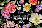 100 Floral Watercolor Illustrations, an Object Graphic by Nocturnal Wolf (Thumbnail 1 of 13)
