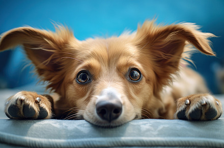 Dog on a bed is smiling, close-up, humorous, an Animal Photo by zakiroff