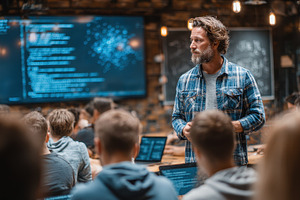 Tech instructor addressing students, a Photo by Pixeness Studio