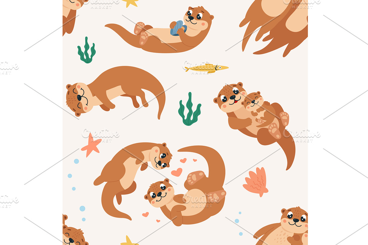Otters seamless pattern. Funny water, an Animal Illustration by LadadikArt