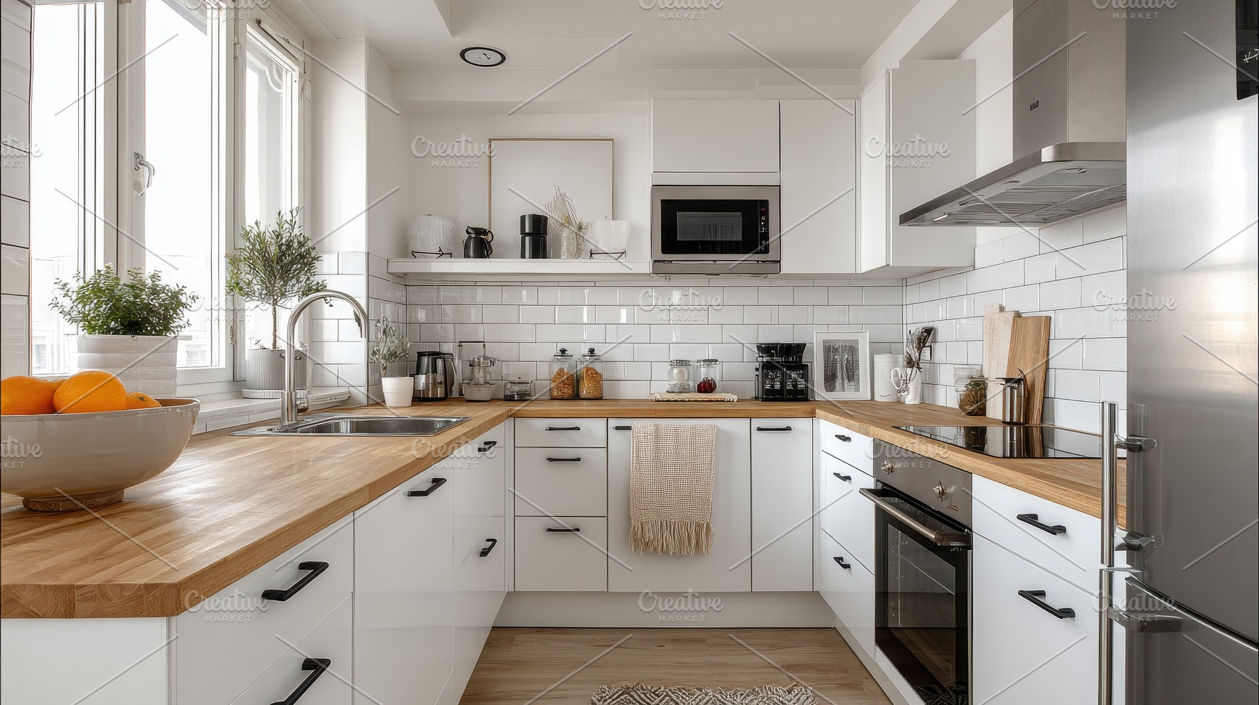 Modern white kitchen with wood count, a Photo by Pixeness Studio