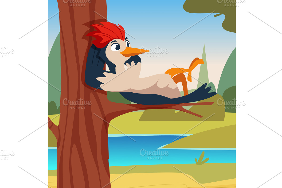 Woodpecker. happy cartoon wild bird, an Animal Illustration by Onyx