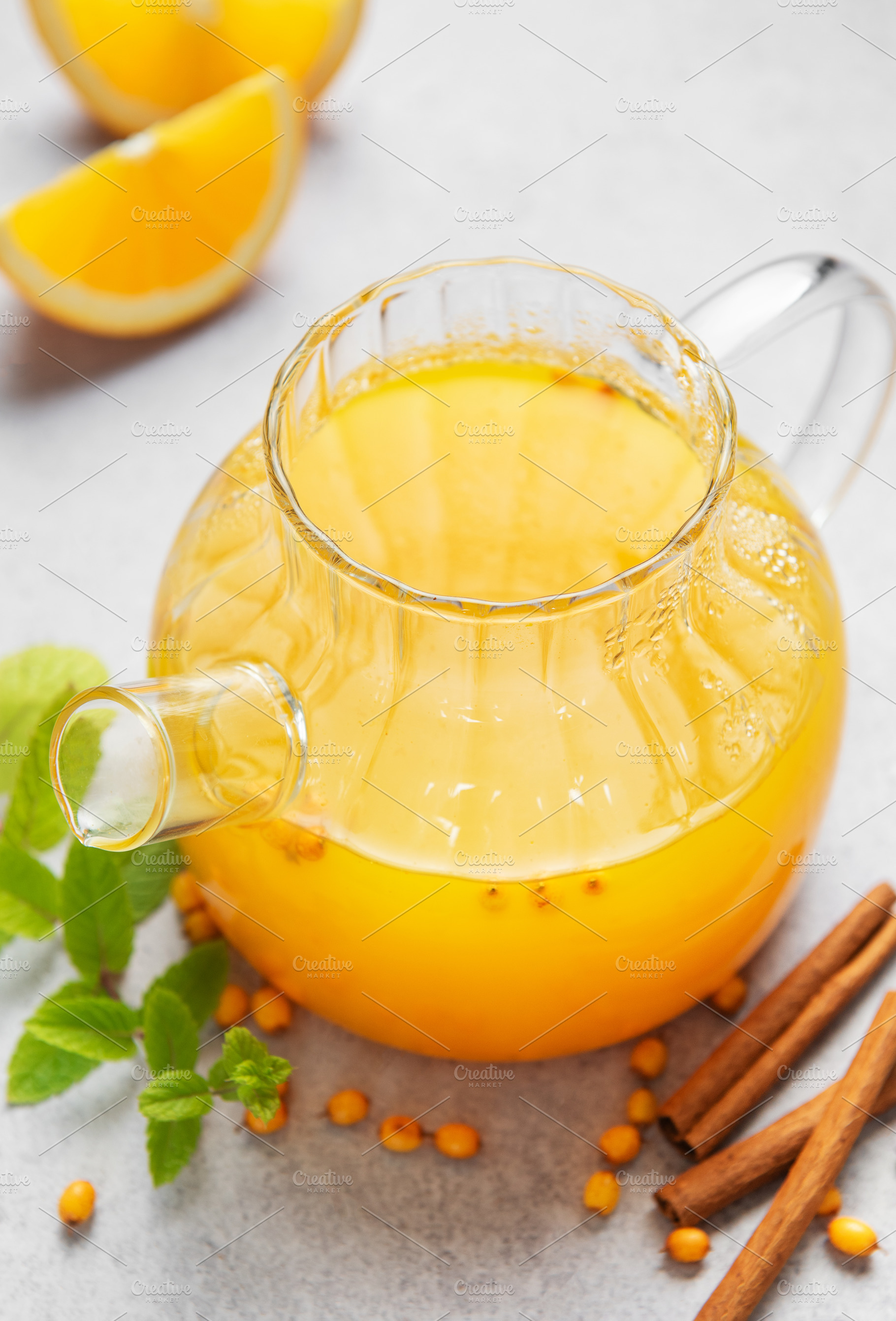 Hot sea buckthorn tea with orange mint cinnamon, a Food & Drink Photo by Olena Rudo