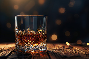 Glass of scotch whiskey and ice on wooden table, a Photo by AlyaAnd