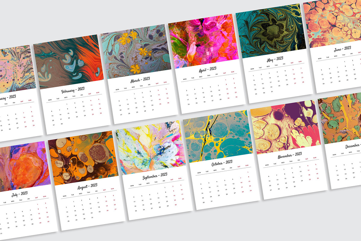 Marbling Art Calendar 2023 InDesign, a Stationery Template by Graphic Fabrica (Photo 2 of 9)