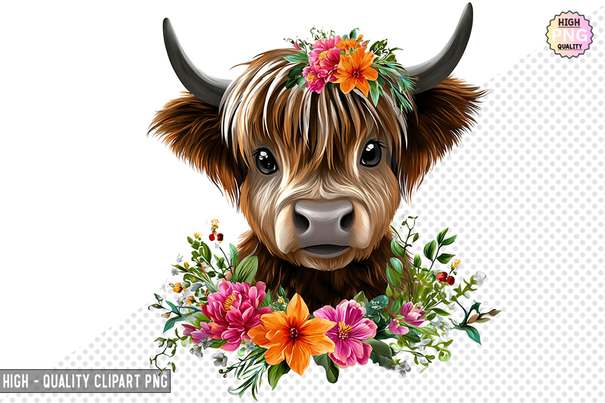 Floral Highland Cow Clipart Bundle, a Graphic by crative8112 (Photo 3 of 8)