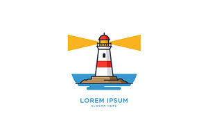 Bright lighthouse standing on a rock, an Illustration by designvectx