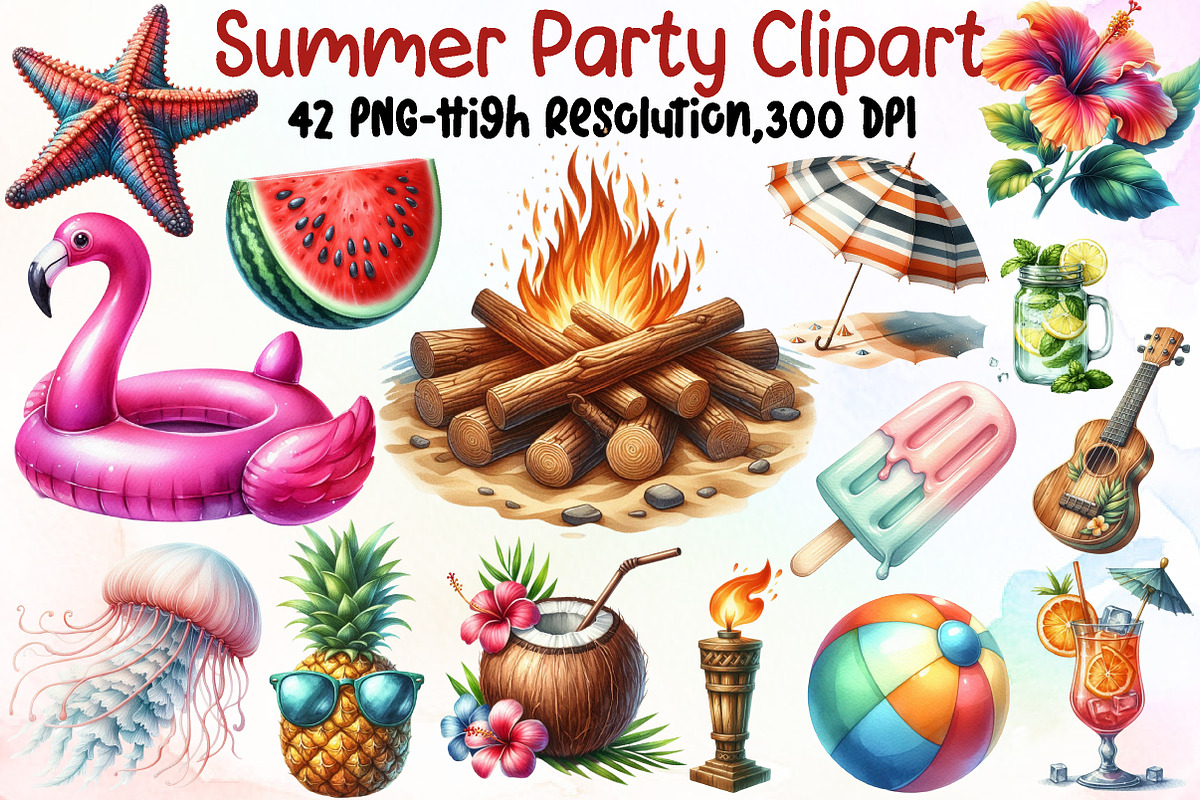 Watercolor Summer Party Clipart, an Illustration by Sublimation Artist (Photo 1 of 6)