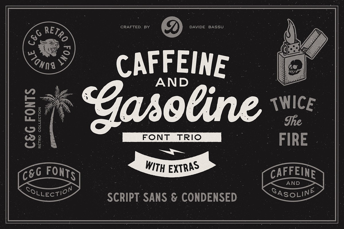 Caffeine & Gasoline Fonts + Extras, a Script Font by Davide Bassu (Photo 1 of 20)