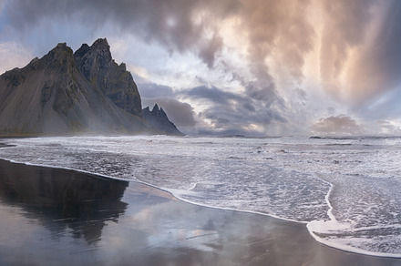 Sunrise Stokksnes cape sea beach and Vestrahorn Mountain with it, a Nature Photo by YuriyB