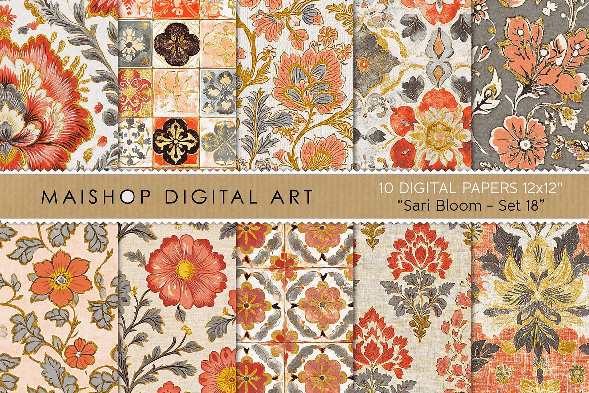 Bohemian Floral Scrapbooking Papers, a Pattern Graphic by Maishop (Photo 1 of 4)