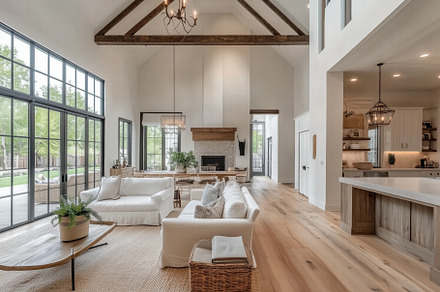 A spacious and bright Modern Farmhouse style house living room featuring large, an Architecture Photo by Textures & Backgrounds