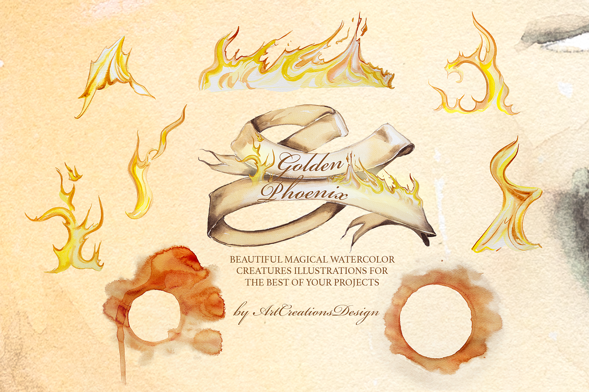 Watercolor Golden Phoenix Clipart, an Animal Illustration by ArtCreationsDesign (Photo 6 of 10)