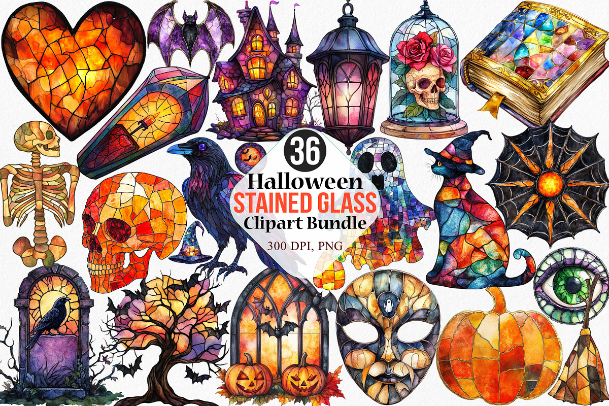 Halloween Stained Glass Clip art, an Illustration by Canvas Craft (Photo 1 of 7)