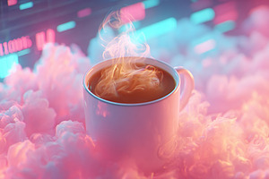 Ceramic mug filled with steaming coffee surrounded by colorful vapor in a cozy, a Food & Drink Photo by AlyaAnd