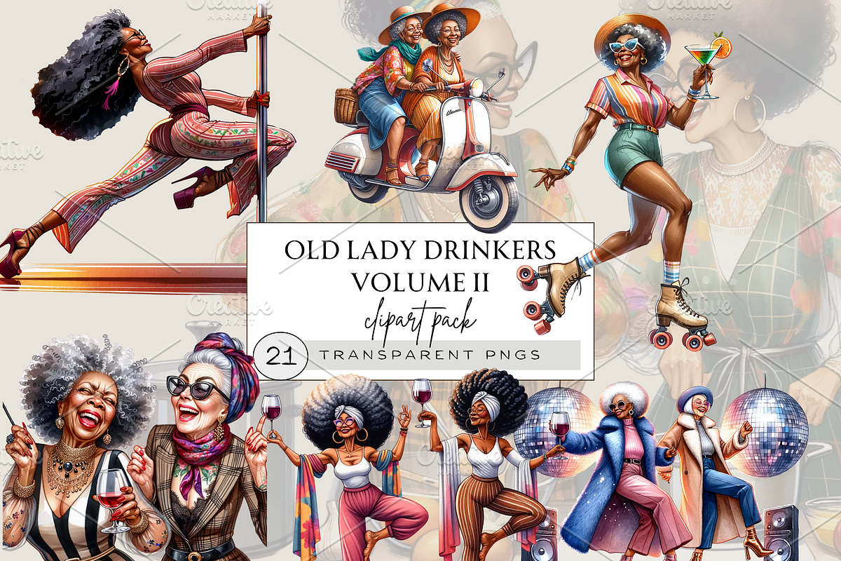 OLD LADY DRINKERS CLIPART PACK, a Person Illustration by Daring Digies (Photo 1 of 9)