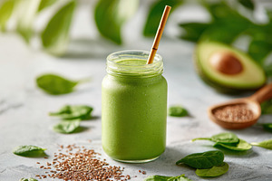 Fresh spirulina smoothie with straw, a Food & Drink Photo by AlyaAnd
