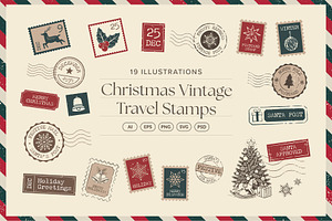 Christmas Vintage Travel Stamps, an Object Illustration by DesignerCandies