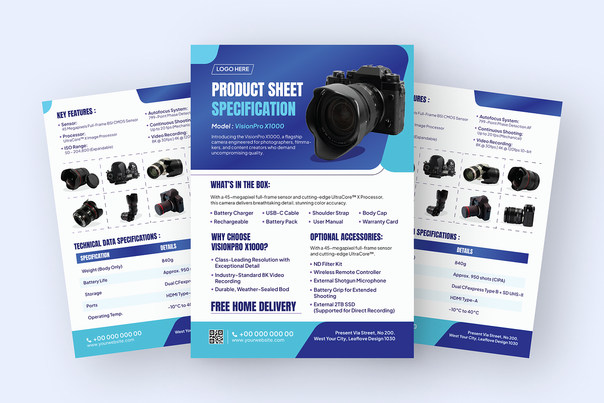 Camera Product Sheet Design, a Flyer Template by SquidPixey
