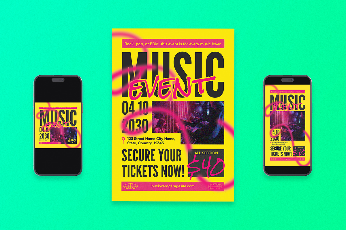 Grunge Music Event Flyer Set, a Flyer Template by Aiyari Graphic (Photo 1 of 3)