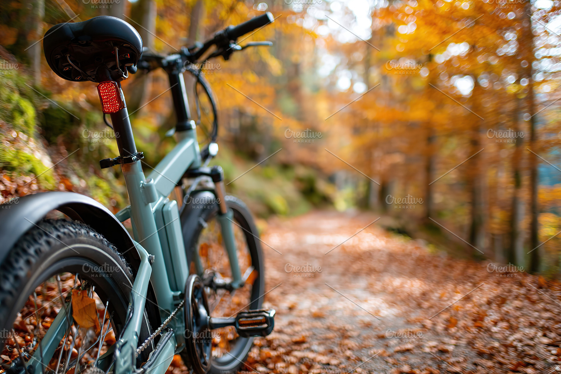 E-bike parked on a forest trail surrounded by autumn foliage and natural beauty, a Transportation Photo by AlyaAnd