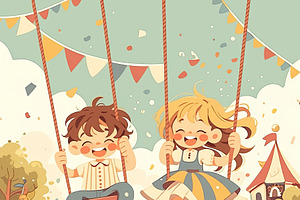 Happy children swinging joyfully at a festive outdoor amusement setting, an Illustration by AS photostudio