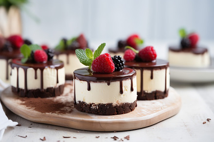 Chocolate cheesecake with berries on white background, a Food & Drink Photo by AlyaAnd